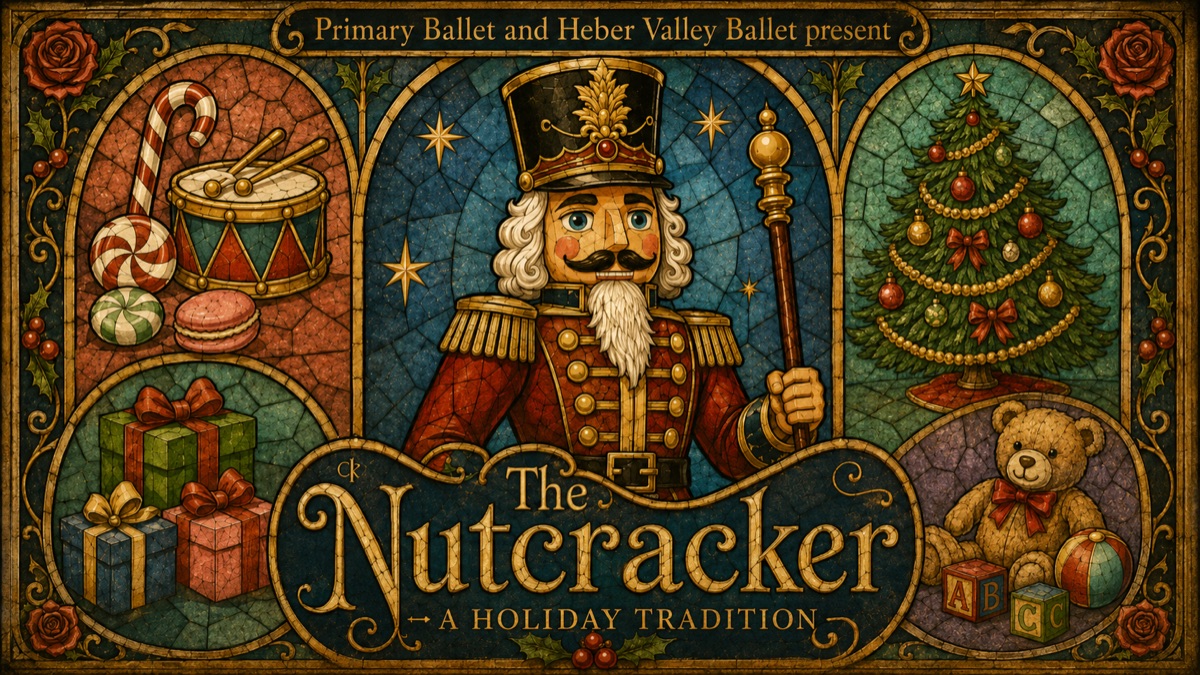 Poster: Primary Ballet and Heber Valley Ballet present The Nutcracker, a holiday tradition.